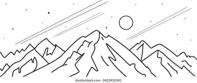 Winter Mountain landscape forest houses and village sky and clouds snow sports ski Holiday travel, National Park. Art line Hand drawn, template vector black and white Art line sketch illustration sign