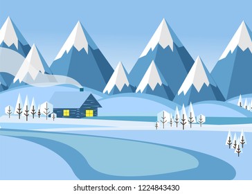 winter mountain landscape with forest and snow-covered field on which stands the house vector illustration. Flat vector illustration