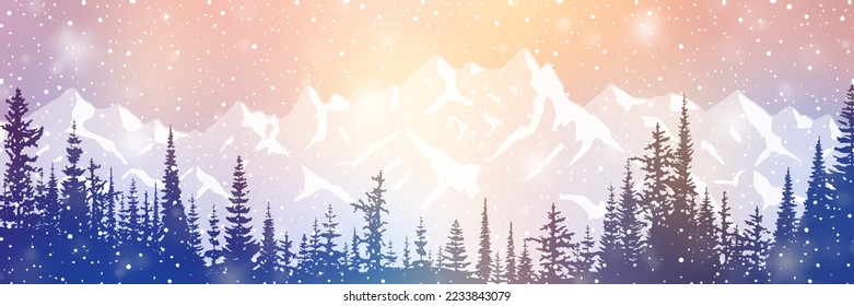 Winter mountain landscape, forest and sunset sky, blizzard and snowfall, panoramic view