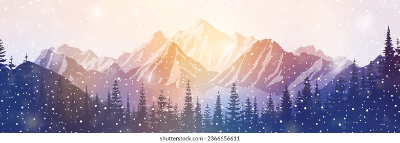 Winter mountain landscape, forest and sunset sky, blizzard and snowfall, panoramic view