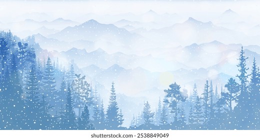 Winter mountain landscape, forest and sunset sky, blizzard and snowfall