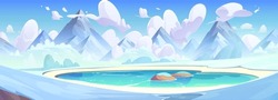 Winter Mountain Landscape With Frozen Lake. Vector Cartoon Illustration Of Blue Ice On Water Surface, Snow On Rocky Peaks, Fluffy White Clouds In Sky. Scenic North Pole View. Travel Banner Background