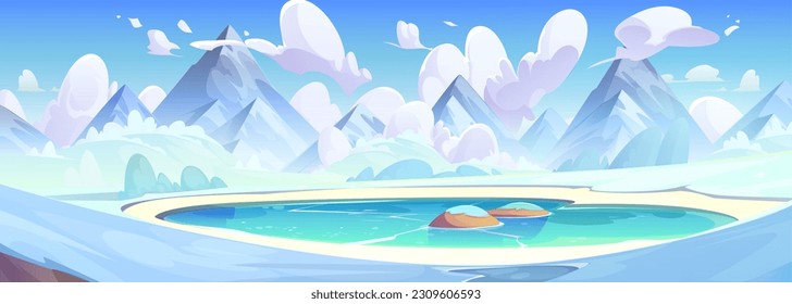 Winter mountain landscape with frozen lake. Vector cartoon illustration of blue ice on water surface, snow on rocky peaks, fluffy white clouds in sky. Scenic north pole view. Travel banner background