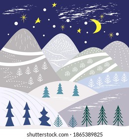 Winter mountain landscape for a greeting card. Cartoon style trees, pines, fir trees.