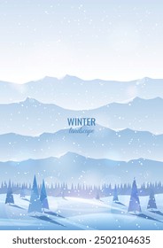 Winter mountain landscape. High mountains and a snowy valley. Spruce trees in snowdrifts. Foggy landscape. The concept of tourism, mountain hiking, active recreation in winter.