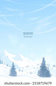 Winter mountain landscape. Hills and trees covered with snow, hilly terrain. Design of postcard, flyer, invitation, cover. The concept of winter walks, hikes, tourist routes.