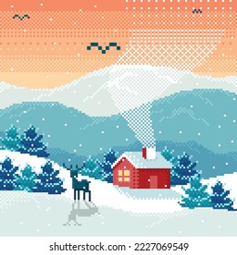 Winter mountain landscape with house and deer pixel art