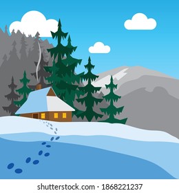 Winter mountain landscape. A house in the mountains. Winter vacation
