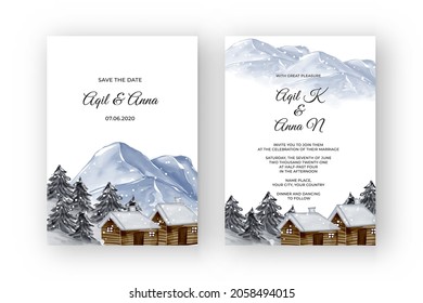 Winter Mountain Landscape With House Watercolor Wedding Invitation
