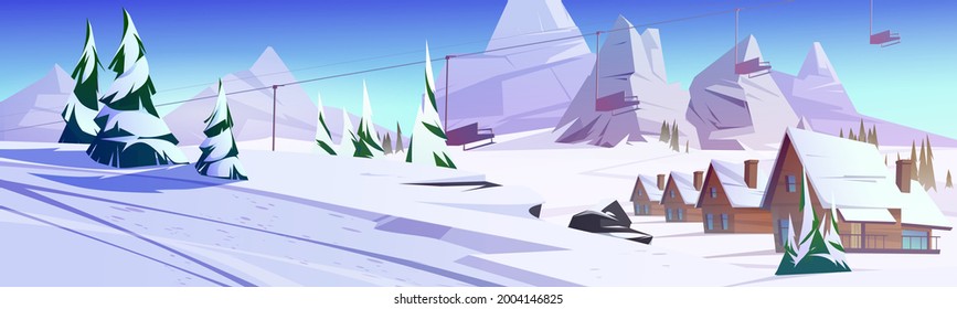 Winter mountain landscape with houses or chalet and funicular. Ski resort settlement with cableway over spruce trees and snowy peaks. Wintertime holidays vacation cottages, Cartoon vector illustration