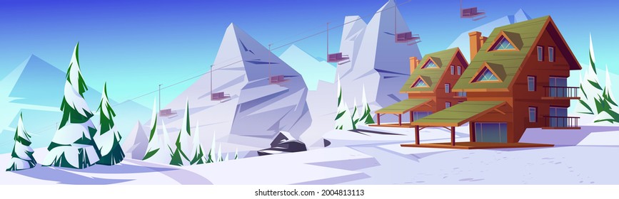 Winter mountain landscape with houses or chalet and funicular. Ski resort settlement with cableway over spruce trees and snowy peaks. Wintertime holidays vacation cottages, Cartoon vector illustration