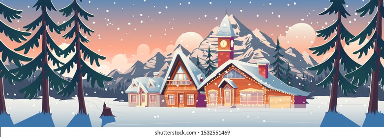 Wintergebirgslandschaft mit Häusern, die mit Weihnachtsgärten und Turm mit Uhr geschmückt sind. Skiort Siedlung mit Fichtenbäumen und schneebedeckten Gipfeln in Kanada oder North Pole Cartoon Vektorgrafik