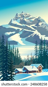 Winter mountain landscape with houses (in possible ski base) and trees.