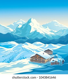 Winter Mountain Landscape With Houses Similar To The Hotels Of The Ski Resort. Vector Illustration.