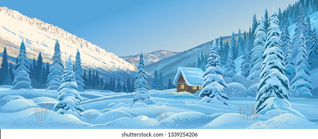 Winter mountain landscape with a hut, and dawn in the mountain forest.Vector illustration.