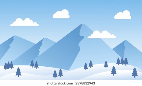 Winter mountain landscape illustration, blue vector background with winter snow theme, flat design style, vector illustration of snow hills, clouds and trees