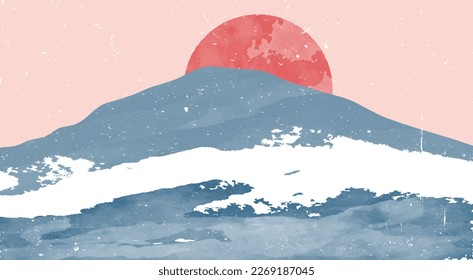Winter mountain landscape illustrations. Mid century modern minimalist art print. Abstract contemporary aesthetic backgrounds landscapes