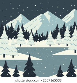Winter mountain landscape with lake and forest. Vector illustration