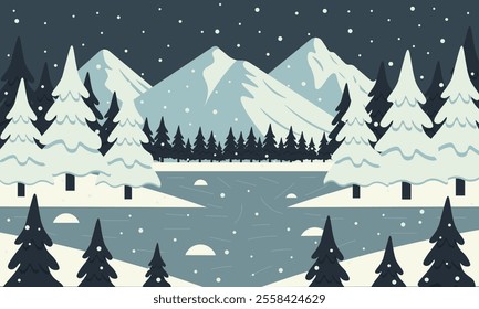 Winter mountain landscape with lake and forest. Vector illustration