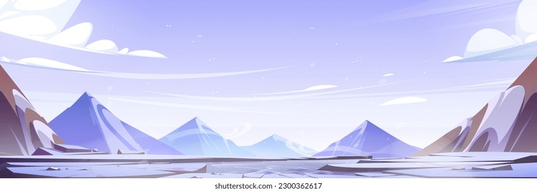 Winter mountain landscape with lake ice crack vector. Snow background cartoon illustration with frozen peak range. Snowy rocky nature panorama scene. Danger hole in river water near rock scenery.