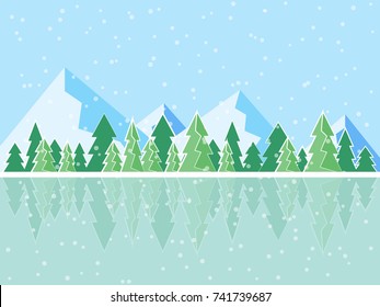 Winter mountain landscape with lake and trees
