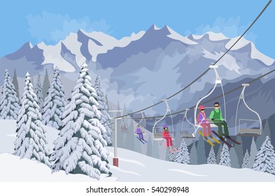 Winter mountain landscape. Lifts for skiing. Snow forest tree. Sport on vacations. winter activity. Ski snowboard. Vector illustration background