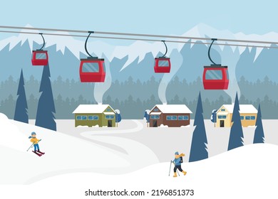 Winter mountain landscape with lodge, ski lift, and people skiing 2d vector illustration concept for banner, website, illustration, landing page, flyer, etc.