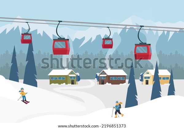 Winter mountain landscape with\
lodge, ski lift, and people skiing 2d vector illustration concept\
for banner, website, illustration, landing page, flyer,\
etc.