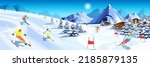 Winter mountain landscape with many different skiers. Happy man, woman ride skis in Alps. Blue sky, tops of rocks on background. Winter sport activity. Skiing resort. Vector illustration