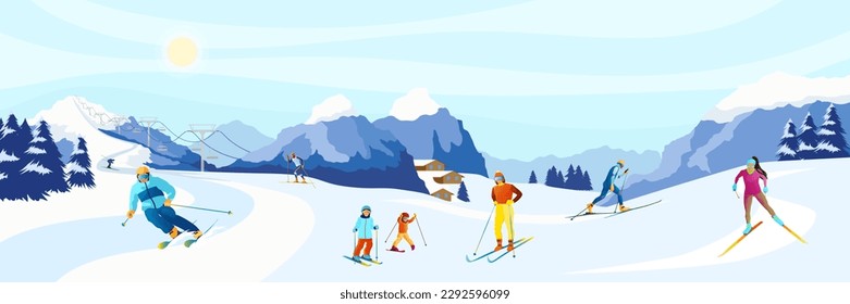 Paisaje de montaña invernal con muchos esquiadores diferentes. Familia con niños deslizándose en esquís en los Alpes. Cielo azul, cumbres de rocas en el fondo. Actividades deportivas de invierno en la estación de esquí. Ilustración de vector plano