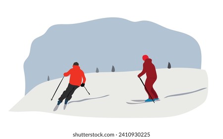 Winter mountain landscape with many different skiers. Family on skis in Alps. Blue sky, peaks of rocks on background. Winter sport activities at ski resort. Flat Vector illustration. SHOTLISTtravel