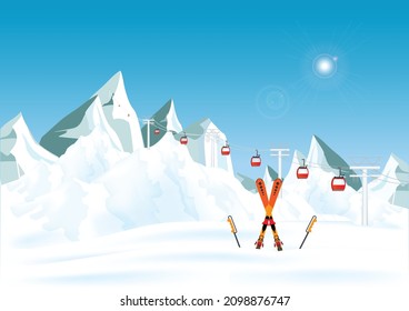 Winter mountain landscape with pair of skis in snow and ski lift against blue sky, winter holiday vacation and skiing concept vector illustration.