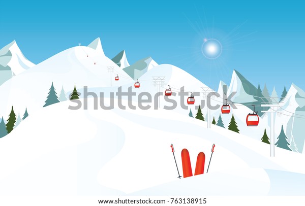 Winter mountain landscape with pair of skis\
in snow and ski lift against blue sky, winter holiday vacation and\
skiing concept vector\
illustration.