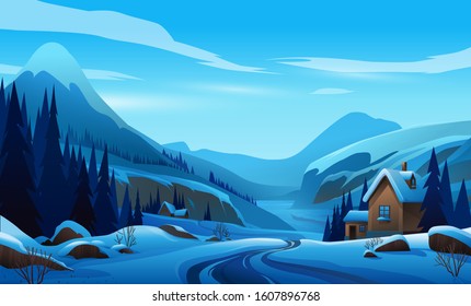 Winter Mountain Landscape. Panoramic Of Winter Landscape With Snowing, Vector Illustration Of Horizontal Banner Of Winter Landscape Field Of Farm Village.