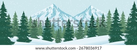 Winter Mountain Landscape with Pine Trees Vector.