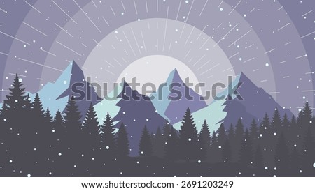Winter Mountain Landscape with Pine Trees and Snowfall