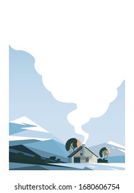 Winter mountain landscape poster with a modern house, chalet, smoke from chimney, mountain peaks, trees, snow, blue colors. Vector flat illustration.