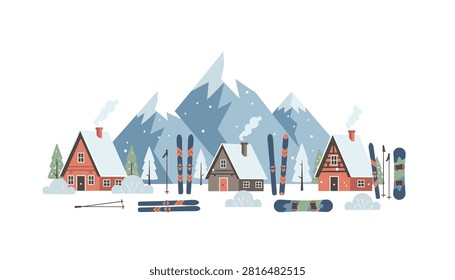 Winter mountain landscape with red log cabins, pine trees, ski equipment, and snow under a bright clear sky.