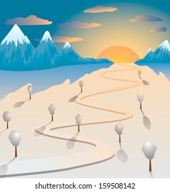 Winter mountain landscape with road at sunset or sunrise