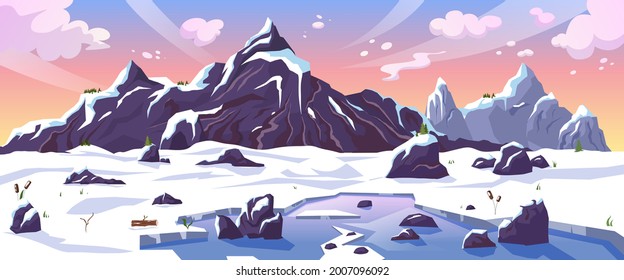 Winter mountain landscape with rocky snowy mountain peaks and a frozen lake. Landscape of wild mountain nature. Vector illustration