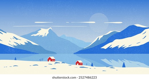 Paisagem de montanha de inverno. Fundo da natureza escandinava com picos cobertos de neve, casas e abetos, design de impressão vintage para cartaz de banner. Ilustração em vetor de meados do século.