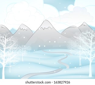 winter mountain landscape scene with broad leaf trees around path vector illustration