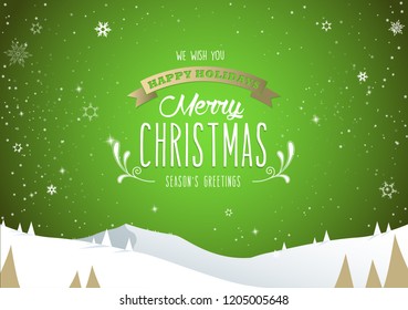 Winter mountain landscape scenery, Merry Christmas text with pine trees and stars.