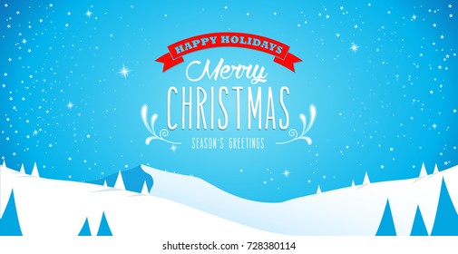 Winter mountain landscape scenery, Merry Christmas text with pine trees and stars.