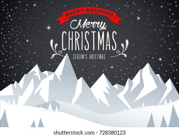 Winter mountain landscape scenery, Merry Christmas text with pine trees and stars.