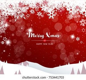 Winter mountain landscape scenery, Merry Christmas text with pine trees and stars.