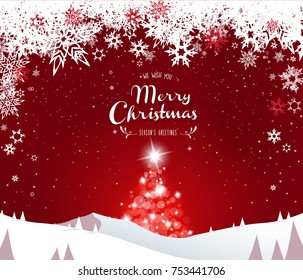 Winter mountain landscape scenery, Merry Christmas text with pine trees and stars.