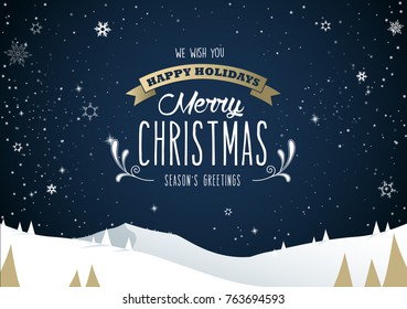 Winter mountain landscape scenery, Merry Christmas text with pine trees and stars.