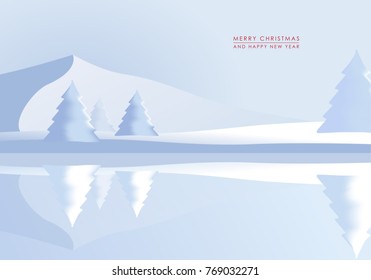 Winter mountain landscape scenery and Merry Christmas text with pine trees.