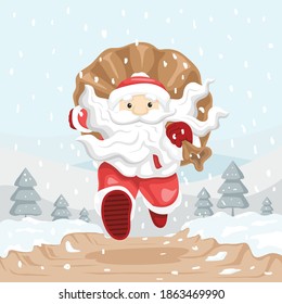 Winterlandschaft, die den Weihnachtsmann mit seiner Tasche voller Schneegeschenke führt.	